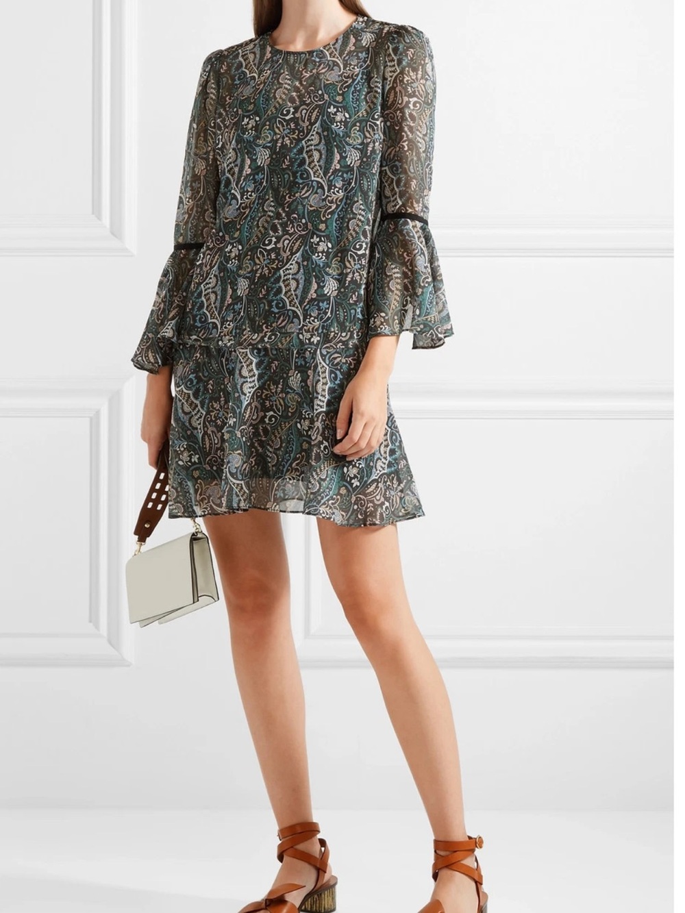 Veronica Beard Paisley Tiered Long-Sleeve Mini Dress - Green Silk